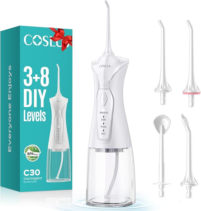 COSLUS Water Dental Flosser Pick for Teeth: 4 Modes Cordless Portable 300ML Larger Tank Water Teeth Cleaner IPX7 Waterproof Flossing Cleaning Picks for Home Travel White C30(FC5360)