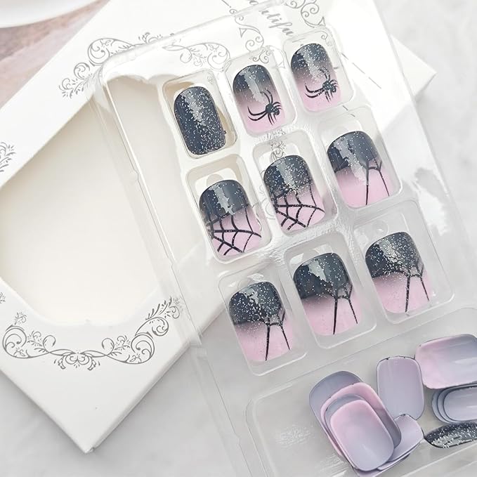 24Pcs Halloween Press on Nails Short Square Goth Fake Nails Black Purple Glitter Full Cover Glue on Nail Spider Web False Nails Acrylic Artificial Nails Cute Stick on Nail for Women Manicure Salon