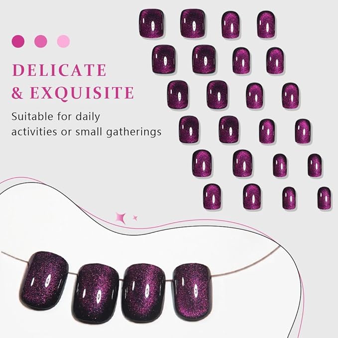 evpct Purple Cat Eye Press on Nails Extra Short Square, Petite Short Press on Glue on Nails for Women Gift, Dark Purple Holographic Glitter Glossy Reusable Stick on Gel Acrylic Fake Nail with Design