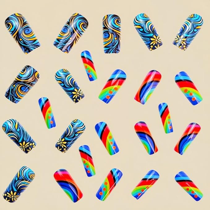 Long Square Press on Nails Colorful Fake Nails with Design False Nails Glue on Nails Stick on Nails for Women 24pcs