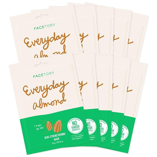 FACETORY K Beauty Face Mask Skin Care - Everyday ALMOND Skin Strengthening Sheet Mask | Plant-Based with Sweet Almond Oil (10 Pack)
