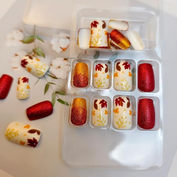 24pcs Short Square Press on Nails Glitter Fall Fake Nails Red Autumn Maple Leaves Glue on Nails Full Cover Acrylic Stick on Nails for Women DIY Fall Maple Leaf Nail Art Manicure Decor