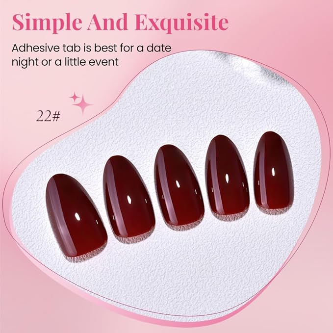 evpct Glossy Press on Nails Short Almond Short for Women, Cherry Wine Red Fake Nail with Glue Salon Quality Reusable Stick on Nails In 15 Sizes 30Pcs Full Cover False Nail Soft Gel Set Kit for Gift