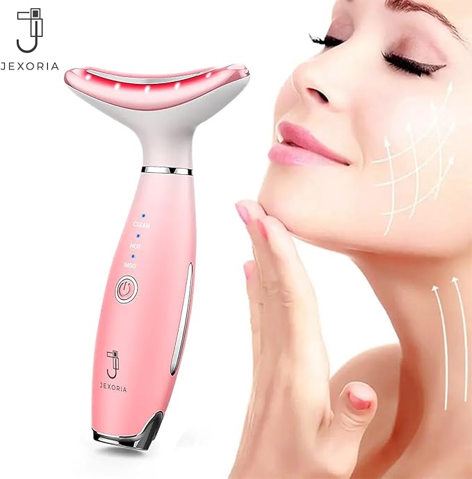 7 Color LED Light Therapy with Heat & Vibration - Women's Face & Neck Massager - Skin Firming Tool - Facial Tightening and Jawline Care
