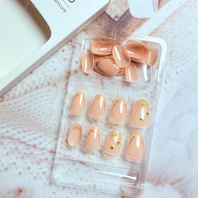 Glitter Gold French Tip Press on Nails Almond Short Fake Nails with Rhinestones Design Glossy Full Cover Glue on Nails Sparkly Acrylic Nails Artificial Almond Nail Tips Stick on Nails for Women 24Pcs