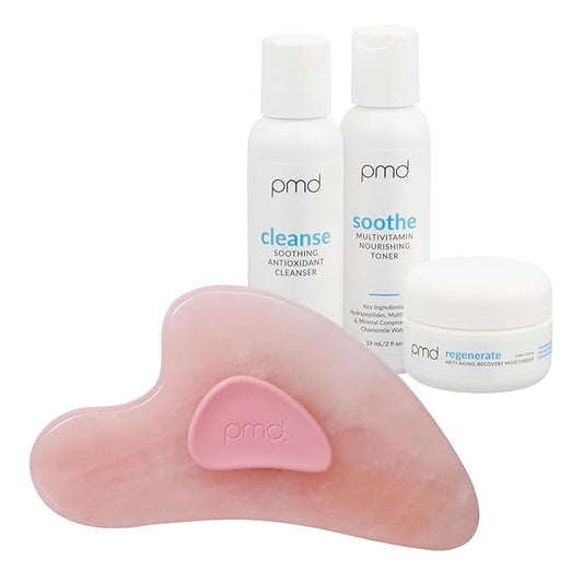 PMD Beauty Gua Sha Facial Tools - Massaging, Sculpting and Depuffing Guasha Tool for Face with Rose Quartz and Silicone Grip - Reduce Tension & Inflammation, with Starter Kit