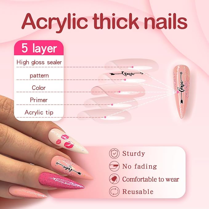 Yivaiks Pink Stiletto Press on Nails Extra Long Fake Nails With Designs Valentines Day Full Cover Artificial Nail Sharp Pointed Glue on Nails Acrylic Stick on False Nail Tips for Women