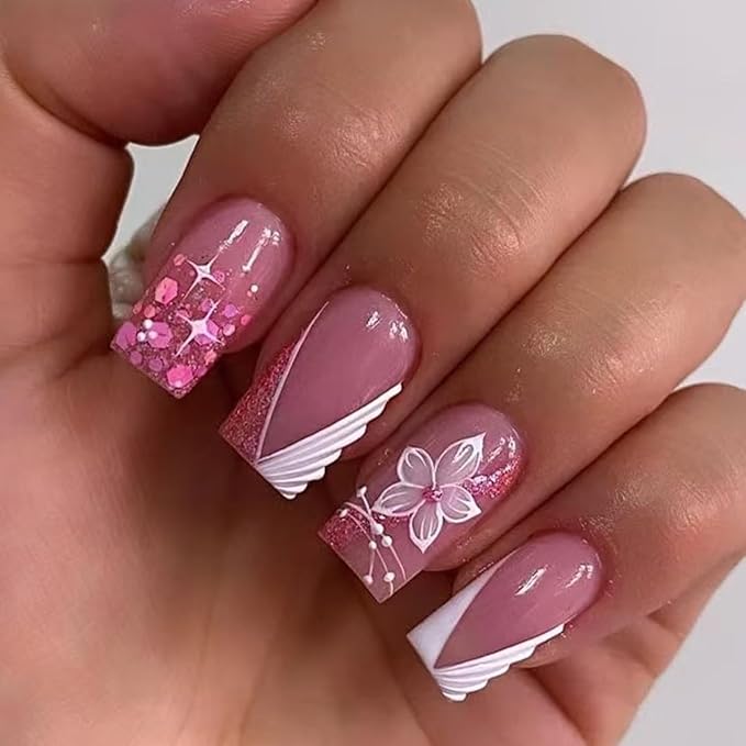 6 Packs (144 Pcs) Press on Nails Square, Flower Press on Nails, French Tip Press on Nails Medium, Pink Fake Nails, Glue on Nails, False Nails for Women, Stick on Nails Kit 12 Sizes-6Styles