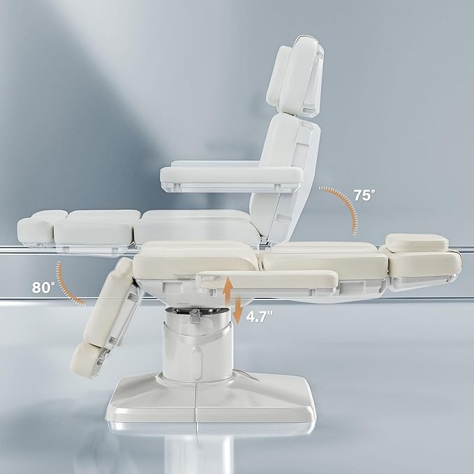 OmySalon Electrical Facial Beauty Spa Medical Treatment Bed, 120° Rotation Massage Tattoo Dental Aesthetic Chair with 3 Motors & Remote Control, Off White