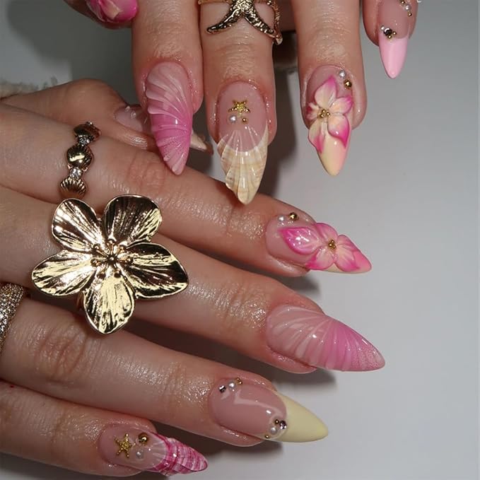 French Tip Press on Nails Medium Almond Fake Nails 3D Hawaii Hibiscus Flower Acrylic Nails with Gold Shell Starfish Design Yellow Pink Summer False Nail Full Cover Glossy Glue on Nails for Women 24Pcs