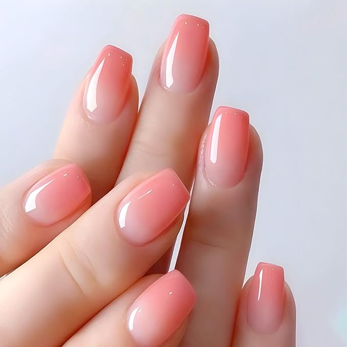 Cute Pink Ombre Press on Nails Short Coffin Fake Nails Smiple Gloosy Acrylic Nails Press ons Pink Gradient Glue Stick on Nails for Women Girls 30 Cps