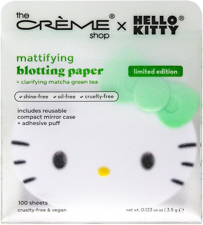 The Crème Shop x Hello Kitty Matcha Blotting Papers + Reusable Compact Mirror - Hello Kitty Collaboration for Oil Control and On-the-Go Touch-ups (Matcha Color Ribbon)