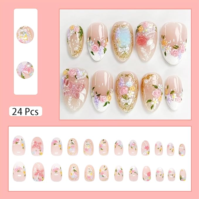 24pcs Colorful Flower Press on Nails Medium Almond Fake Nails with 3D Butterfly Designs White French Tip False Nails Cute Floral Acrylic Nails Kit Summer Fall Full Cover Glue on Nail for Women