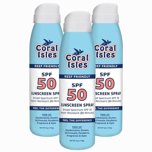 Reef Safe Sunscreen Spray SPF 50 - Broad Spectrum UVA/UVB Protection - Octinoxate & Oxybenzone Free - Hawaii Compliant - Non-Greasy, Fragrance Free - Water Resistant - 6 Fl Oz 3 pack