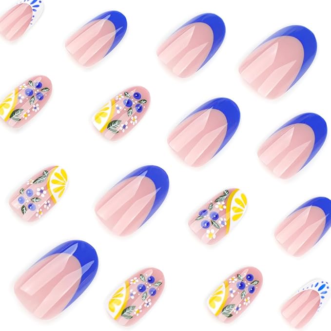 24Pcs Blue French Tip Press on Nails Almond Short Fake Nails Cute Blueberries Lemon Nail Designs Flower Fruit Glue on Nails Reusable Glossy Acrylic False Nails Full Cover Stick on Nails for Women