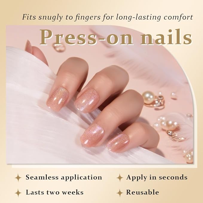 evpct Ndue Pink Cat Eye Short Press on Nails Square, Short Square Glue on Nails for Women Gift, Iridescent Colorful Metallic Glitter Glossy Reusable Stick Gel Press on Acrylic Fake Nail with Design