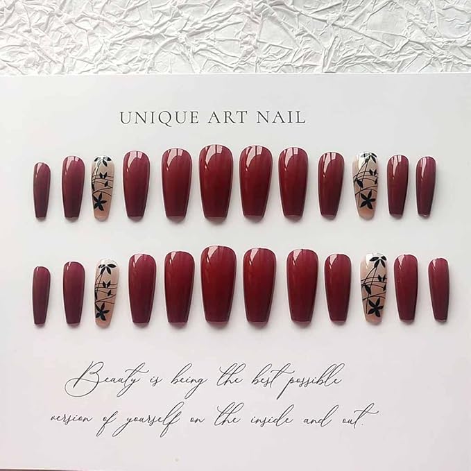 RikView Long Press Acrylic Nails - Red Coffin Fake Nails with Fall Design, Full Cover, 24 PCS/Set