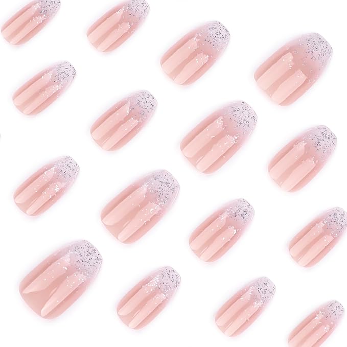 Silver Glitter French Tip Press on Nails Medium Coffin Fake Nails Gradient False Nails Glossy Full Cover Stick on Nails Ombre Glue on Nails Acrylic Artificial Nails for Women 24 Pcs