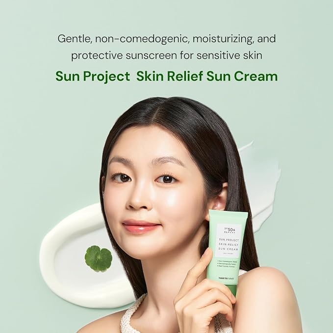 THANKYOU FARMER Sun Project Relief Sun Cream SPF50+ PA++++(50ml) - Centella Asiatica Extracts for Soothing, Reef Safe Sunscreen Travel Size
