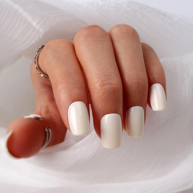 Short Press On Nails Square – 30PCS Glossy Creamy White Shade Fake Nails, Minimalist Acrylic Stick On Nails Kit with Glue & Tools, Natural False Nails for Everyday Wear