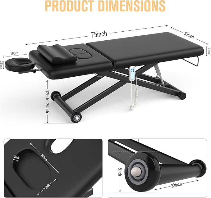 Heavy-Duty Electric Lift Massage Table with Electric Adjustable Backrest and Legs, Wide Physical Therapy Massage Bed with Wheels, Professional Spa Facial Bed, PU Leather, 32'' W × 75'' L