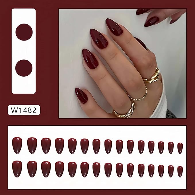 Wine Red Press on Nails Solid Color Fake Nails Short Almond Glossy Full Cover Acrylic Glue on Nails Art Design Reusable Artificial Stick on Nails for Women Girls 30 Pcs