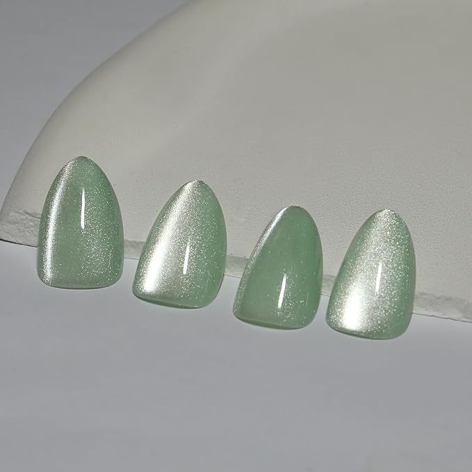 Green Almond Press On Nails Short Cat Eye Press on Nails with Glue for Women Ashionable Gel False Nails Reusable Acrylic False Nails Women's Glitter Nails Glue On Nails Kit, Mint Green
