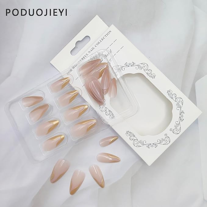 24Pcs Gold French Tip Press on Nails Almond Medium Fake Nails with 3D Irregular Gold Chrome Nail Tips Design Nude Acrylic False Nails Full Cover Glossy Glue on Nails for Women Girls Daily Wear