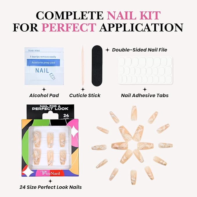 Perfect Look Press On Nails - Pearl Marble | No Glue One-Day Long Coffin Nails, Nude Marble Nails with Pearl Accents - 24 Pcs Nail Kit with Adhesive Tabs