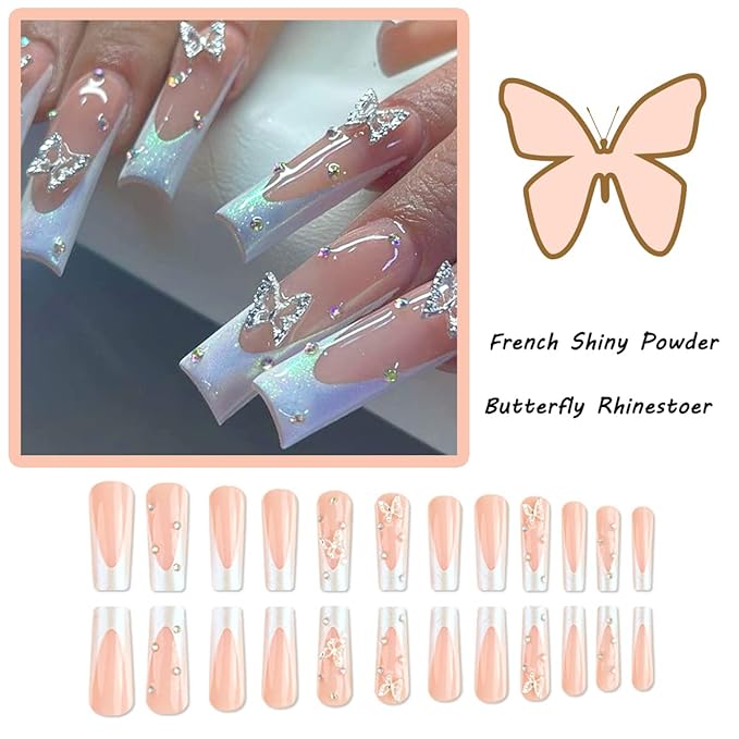 24 Pcs Long Press on Nails White French Tips Fake Butterfly Rhinestone Full Cover Coffin False with Charms Nail Decorations Glitter Acrylic Glue for Women Girls, 3.0 Ounce
