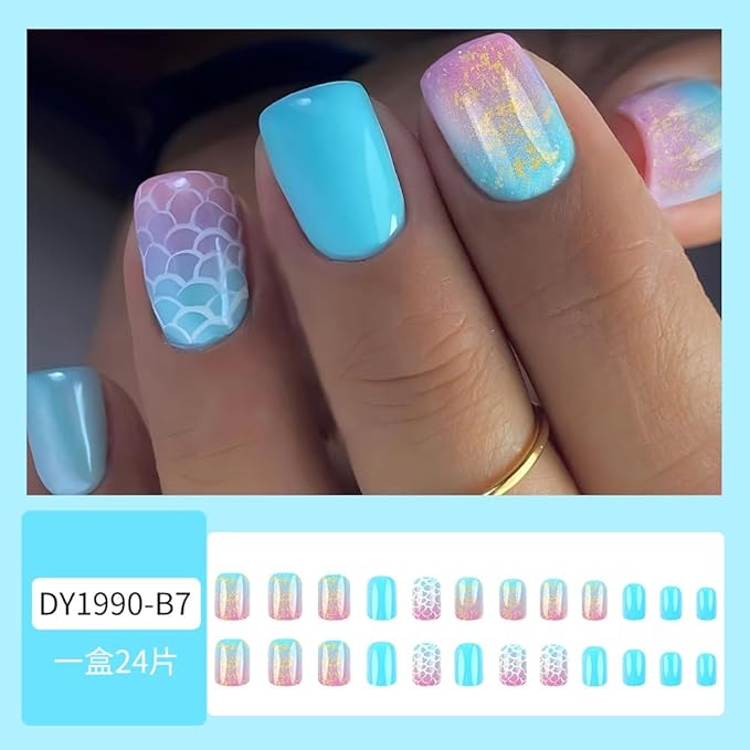 Blue Scale Press on Nails Short Square Fake Nails Summer Acrylic Full Cover Glossy Glue on Nails with Cute Designs Short Stick on Nails Artificial Nails for Women Girls Nail Art Decorations 24Pcs