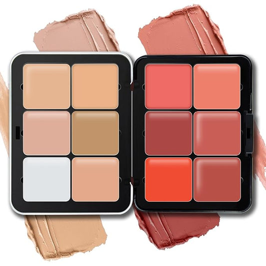 12 Colors Cream Blush Palette, Color Correcting Concealer Foundation Palette, Long Wearing Smudge Proof Blendable Matte Finish Blush Powder Highlighter and Cream Contour Palette Makeup (01)