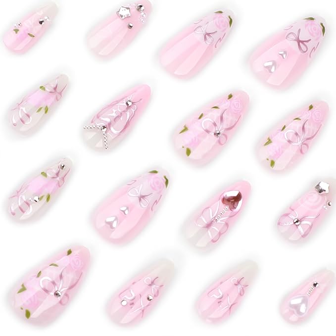 3D Handmade Spring & Summer Heart Pearl Press On Nails Almond Medium 24 Pcs, Flower Designer Reusable Acrylic Fake Nails with Glue, Wedding and Party, Daily wear Nails fro Women Gift
