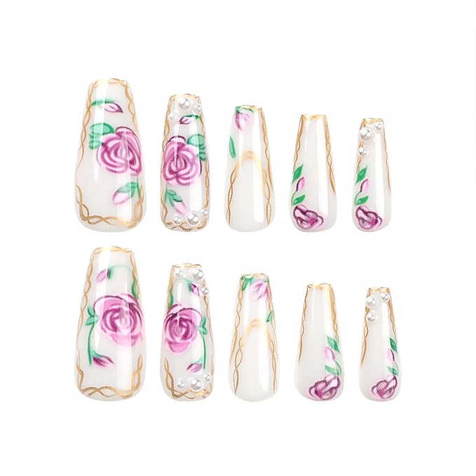 Extra Long Press on Nails Coffin False Nails Purplr Flower Golden Lines Design Pearl Glue on Nails White Acrylic Nails Press ons Glossy Fake Nails Long Coffin Stick on Nails for Women 24Pcs