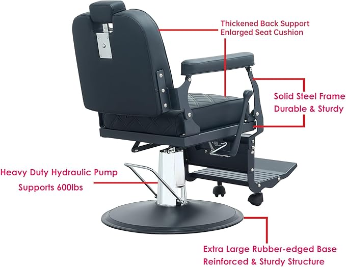 Kaleurrier Black Salon Chair Reclining: Professional Hydraulic Barber Chairs with Headrest and Footrest - Adjustable Heavy Duty Styling Chair for Home Hair Beauty Salon Massage Barbershop Tattoo