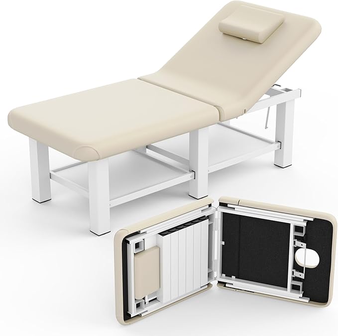 Folding Stationary Massage Table with Backrest and Storage Space, 6 Square Legs Metal Frame PU Leather, 30.5'' Wide × 75'' Long for Treatment Table Physical Therapy Table Spa Facial Bed, Beige Gray