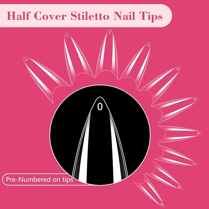 Quaferen Clear Stiletto Nail Tips, 500PCS Half Cover Soft Gel Nail Tips Medium Stiletto False Nails Almond Shape Curved Tips for Acrylic Nails Salon Home DIY with Box 10Sizes