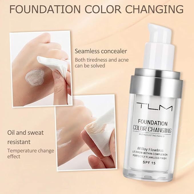 2pcs TLM Color Changing Foundation Liquid with 2 Brushes and 2 Cosmetics Sponge Flawless Full Coverage Natural Color Face Primer Base Makeup 30ml