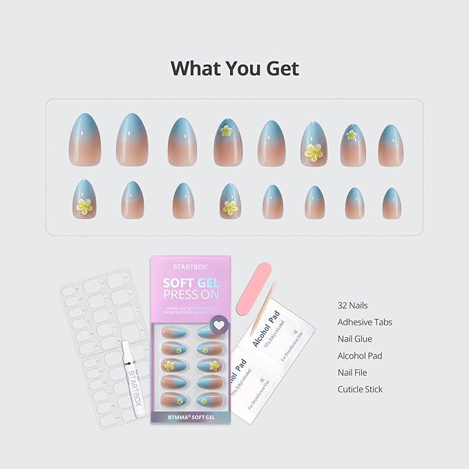 BTArtbox Press On Nails Short Ombre- Flower Almond Press On Nails with Glue for Women, Opaque Soft Gel Glue On Nails in 16 Sizes - 32 Stick On Nails Kit, Garden Party
