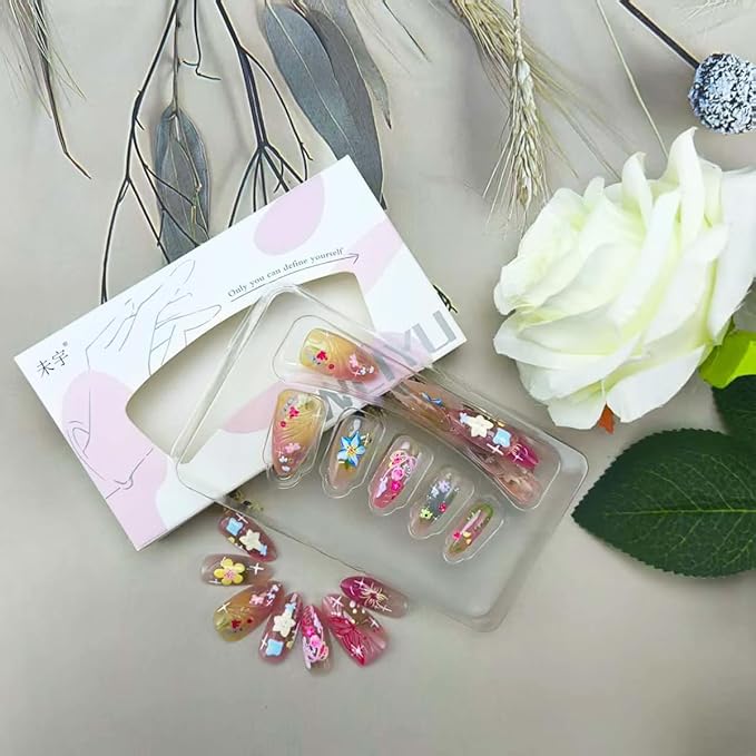 30Pcs Cute Flower Press on Nails Medium Almond Fake Nails Leaf Butterfly False Nails with Bow Rhinestones Design Reusable 3D Floral Acrylic Nail Full Cover Glue on Nail for Women DIY Manicure Decor