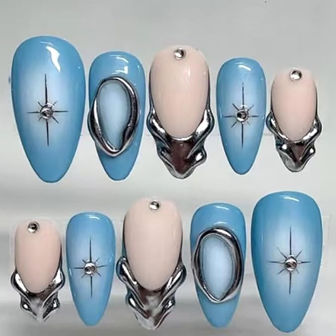 24Pcs Blue Press on Nails Medium Almond Fake Nail Tips with Rhinestones Sparkling Star Gothic Style Y2k Blue French Silver Star Stick on Nails Acrylic Nails Almond Shape False Nails for Women