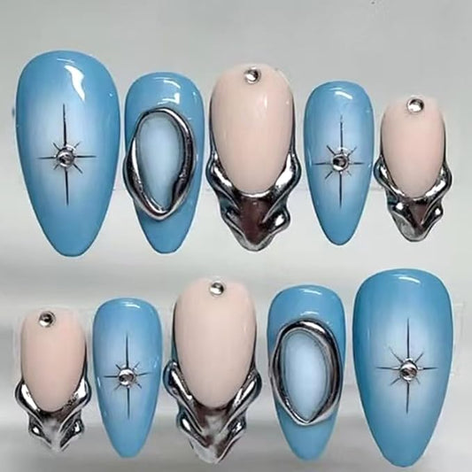 24Pcs Blue Press on Nails Medium Almond Fake Nail Tips with Rhinestones Sparkling Star Gothic Style Y2k Blue French Silver Star Stick on Nails Acrylic Nails Almond Shape False Nails for Women