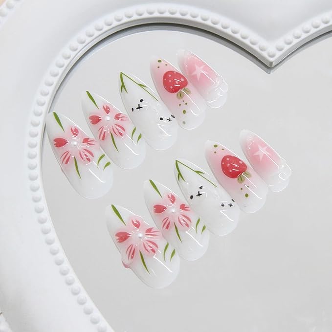 3D Cute Rabbit Press on Nails Medium Almond Fake Nails 3D Pink Flowers False Nails with Pink Gradient Designs Strawberry Bamboo Leaves Acrylic Bow Star Stick on Nails for Women 24Pcs