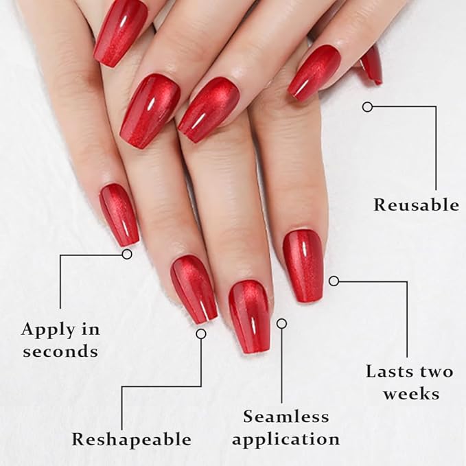evpct Red Cat Eye Press on Nails Square Medium Coffin, Medium Square Glue on Nails for Women Gift, Red Metallic Glitter Glossy Reusable Spring Summer Stick Gel Press on Acrylic Fake Nail with Designs