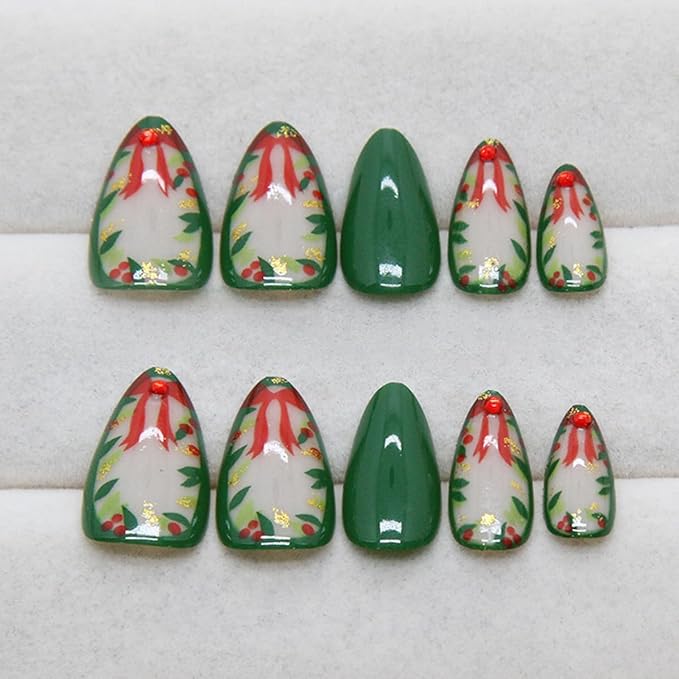 24Pcs Christmas Press on Nails Short Almond Fake Nails Green Acrylic Nail with Xmas Holly Bow Designs Artificial False Nails with Gold Foil Rhinestones Full Cover Christmas Glue on Nails for Women