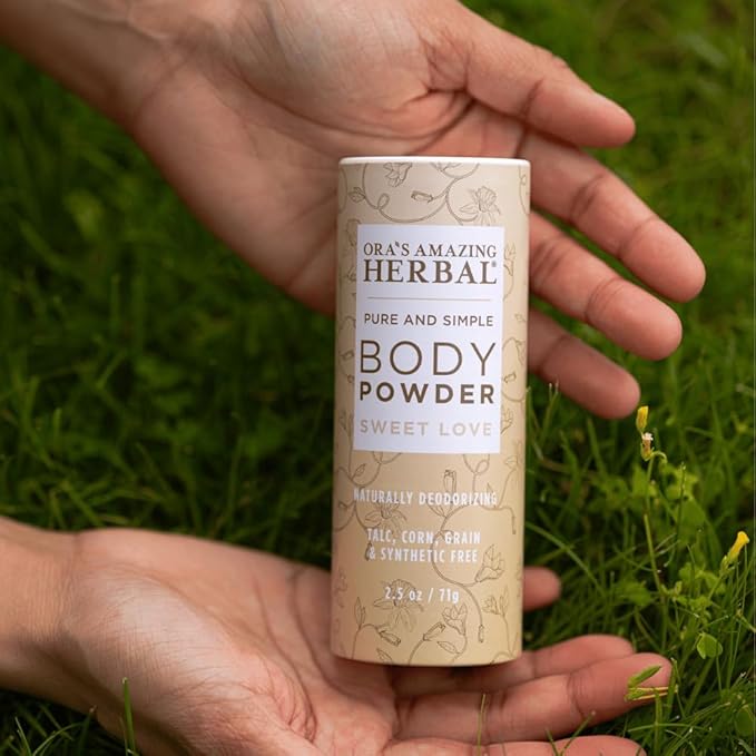 Ora's Amazing Herbal Body Powder for Women, Cornstarch and Talc Free, Bath and Dusting Powder, Amber Oil, Frankincense Essential Oil, Ylang-Ylang, Vanilla, Warm Scent, Sweet Love 2.5 oz