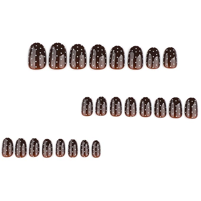 Polka Dots Press on Nails Dark Brown Fake Nails Fall Nail Press ons Short Almond False Nail with Design Reusable Artificial Acrylic Glossy Full Cover Glue on Nails for Women Girls Manicure 24Pcs