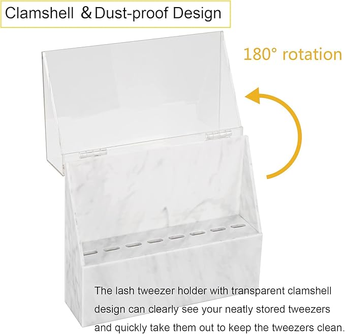 8 Holes Dust-proof Eyelash Tweezers Holder Case Acrylic Marble Tweezer Stand Display Organizer with Cover for Lash Extensions (white)