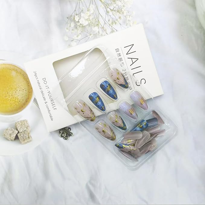 French Tip Press on Nails Short Almond Fake Nails Metal Star Stick on Nail Nude Glitter Acrylic Nails Press on Reusable Gold Moon False Nail Full Cover Glue on Nail for Women Manicure Decor 24Pcs