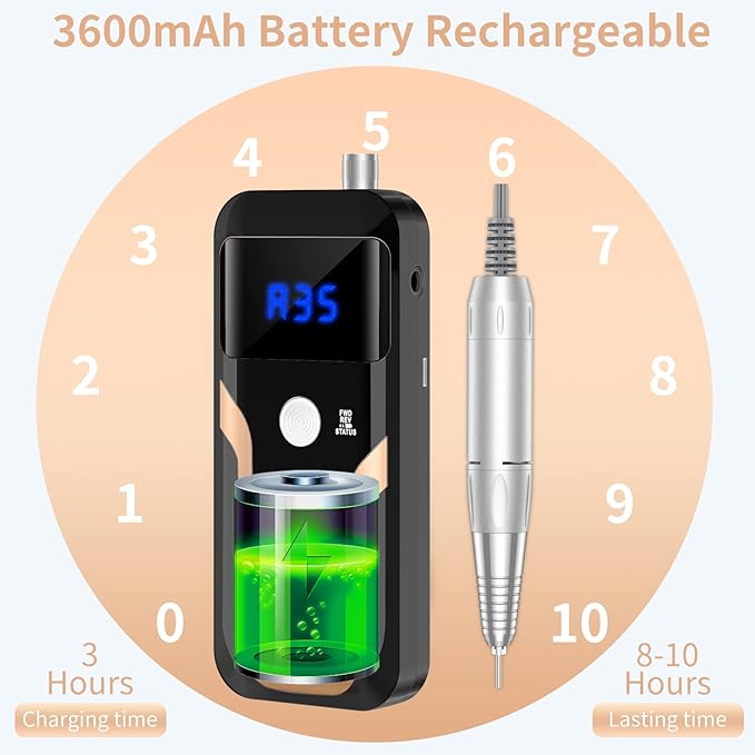 Portable Nail Drill Professional 35000 RPM, MOCOWIND Rechargeable Electric Nail File Machine for Acrylic Nails Gel Polishing Removing, Cordless E-File with Bits Kit for Manicure Salon Home, Black
